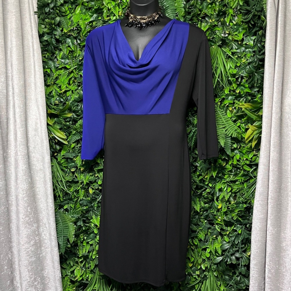 Y2K Narciso Rodriguez Design Nation Dress XL Black Blue Cowl Neck Sheath 4202